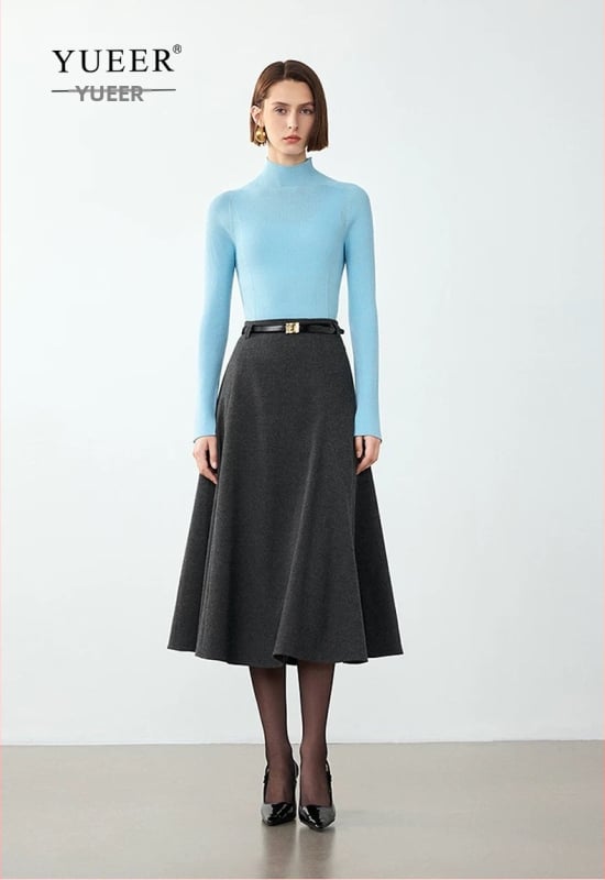 Женска миди пола с чадър силует, зимен ретро френски стил, смес полиестер и вълна (50–70% полиестер, до 30% вълна), дължина миди, микроеластична, за делово облекло