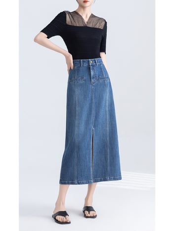 Висока талия, А-образна миди пола от деним Тенсел-Памук, предна цепка, пясъчно пране