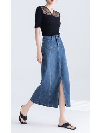 Висока талия, А-образна миди пола от деним Тенсел-Памук, предна цепка, пясъчно пране