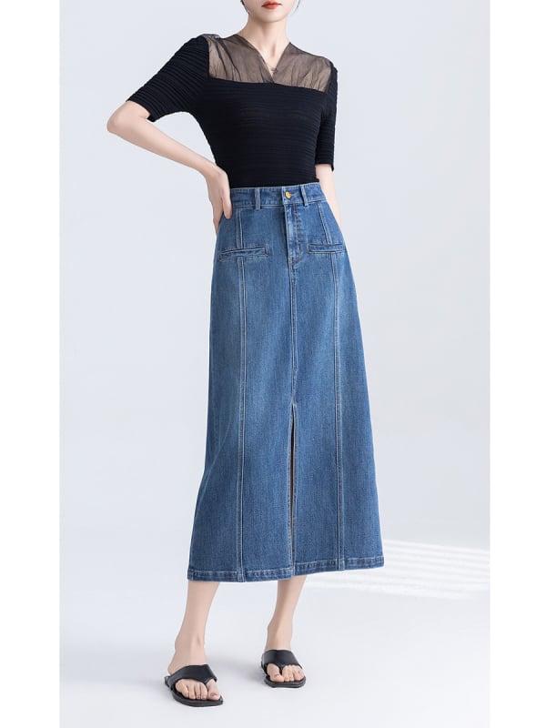 Висока талия, А-образна миди пола от деним Тенсел-Памук, предна цепка, пясъчно пране