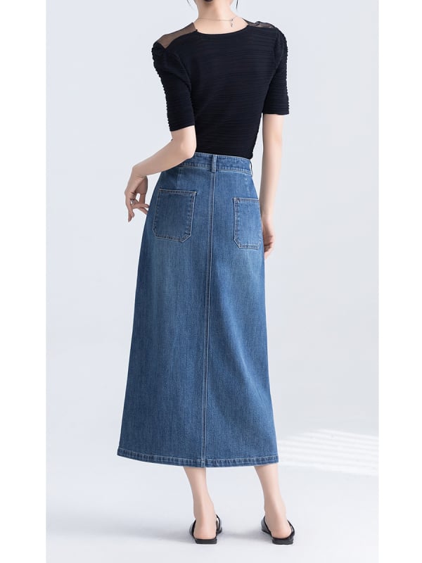 Висока талия, А-образна миди пола от деним Тенсел-Памук, предна цепка, пясъчно пране