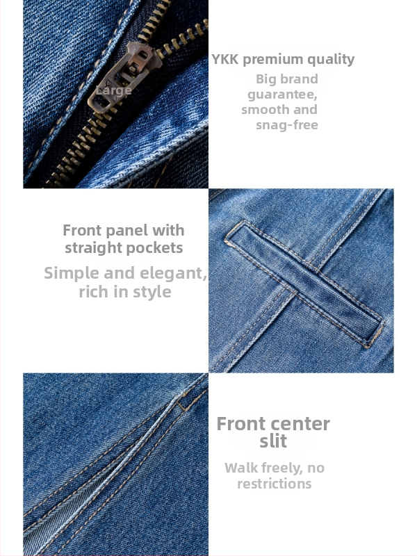 Висока талия, А-образна миди пола от деним Тенсел-Памук, предна цепка, пясъчно пране