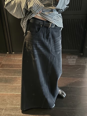 Деним пола с А-линия, дълга, японско-корейски стил, памук-полиестер смес, без бръчки