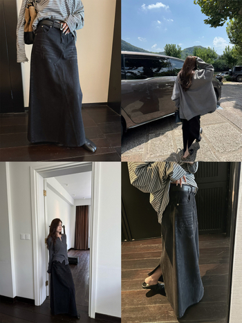 Деним пола с А-линия, дълга, японско-корейски стил, памук-полиестер смес, без бръчки