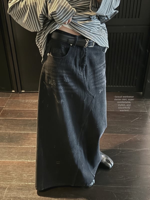 Деним пола с А-линия, дълга, японско-корейски стил, памук-полиестер смес, без бръчки