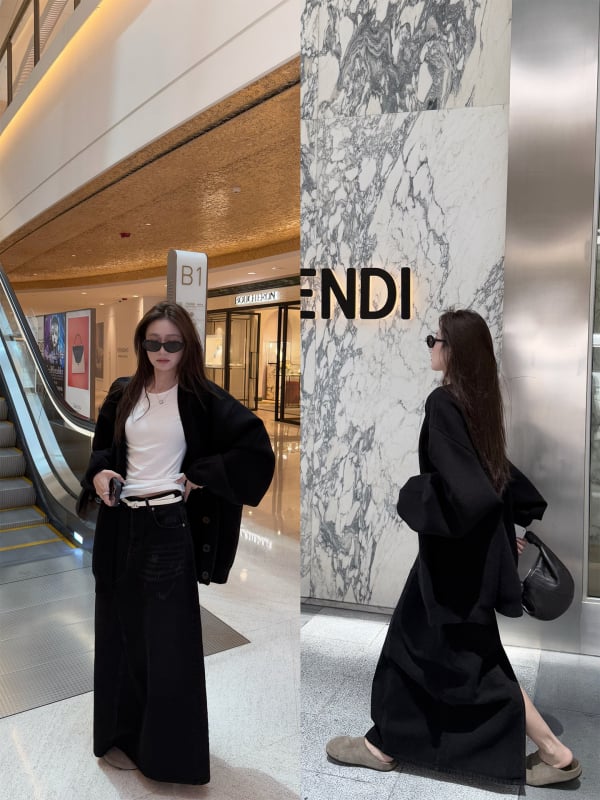 Деним пола с А-линия, дълга, японско-корейски стил, памук-полиестер смес, без бръчки