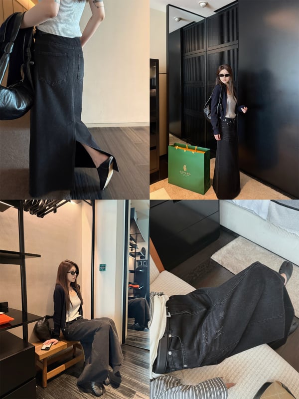 Деним пола с А-линия, дълга, японско-корейски стил, памук-полиестер смес, без бръчки