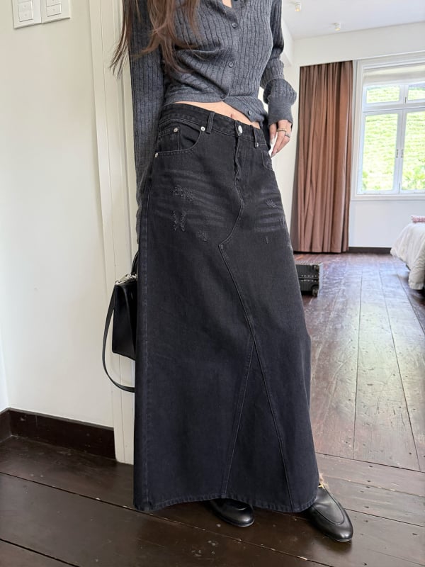 Деним пола с А-линия, дълга, японско-корейски стил, памук-полиестер смес, без бръчки