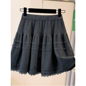 Suknja A-linije s visokim strukom, čipkasta heklana, jednobojna poliester tkanina, retro stil