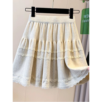 Suknja A-linije s visokim strukom, čipkasta heklana, jednobojna poliester tkanina, retro stil