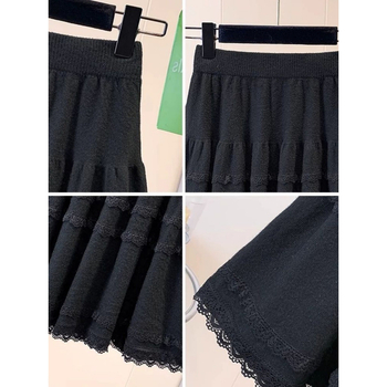 Suknja A-linije s visokim strukom, čipkasta heklana, jednobojna poliester tkanina, retro stil