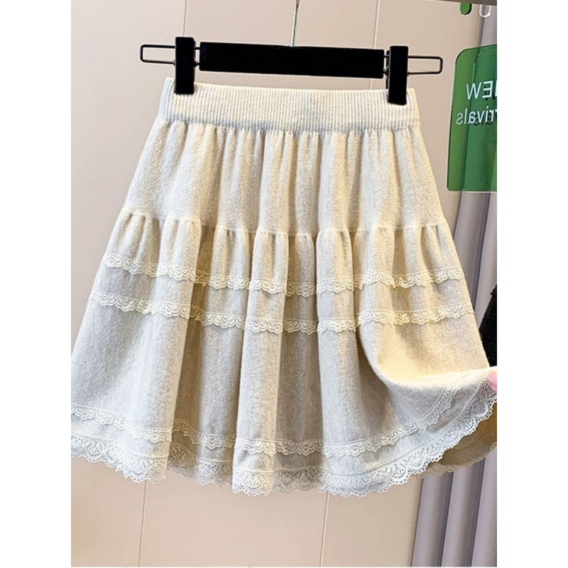 Suknja A-linije s visokim strukom, čipkasta heklana, jednobojna poliester tkanina, retro stil