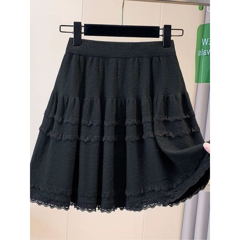 Suknja A-linije s visokim strukom, čipkasta heklana, jednobojna poliester tkanina, retro stil