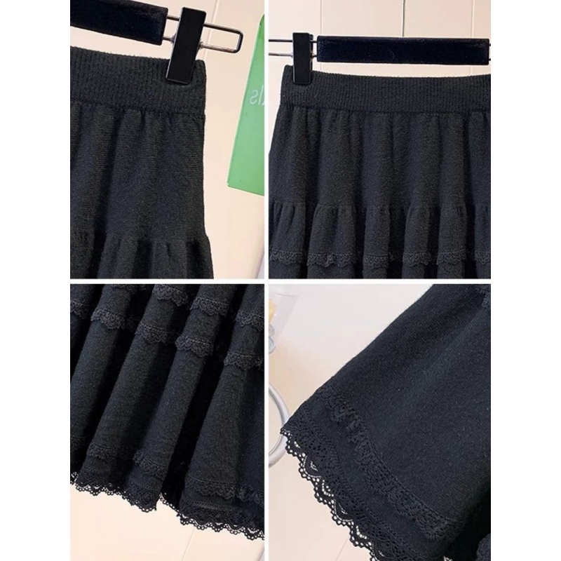 Suknja A-linije s visokim strukom, čipkasta heklana, jednobojna poliester tkanina, retro stil