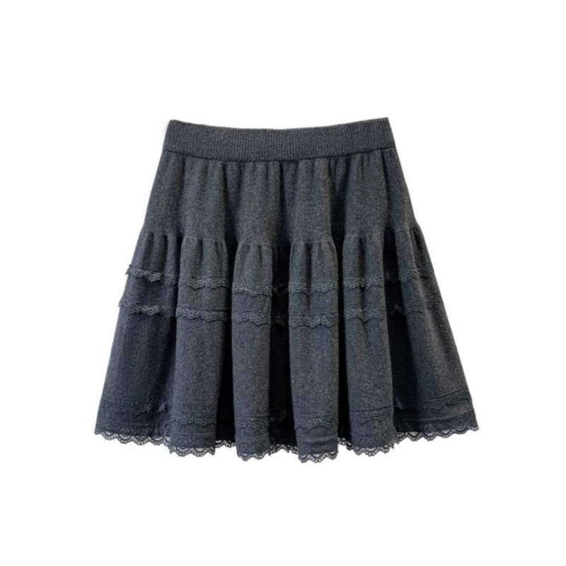 Suknja A-linije s visokim strukom, čipkasta heklana, jednobojna poliester tkanina, retro stil