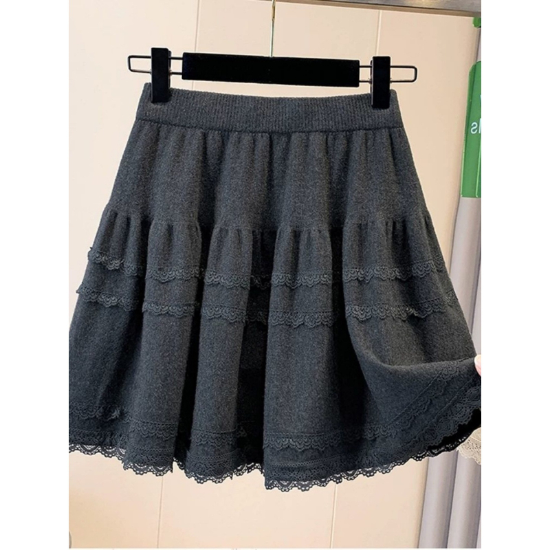 Suknja A-linije s visokim strukom, čipkasta heklana, jednobojna poliester tkanina, retro stil