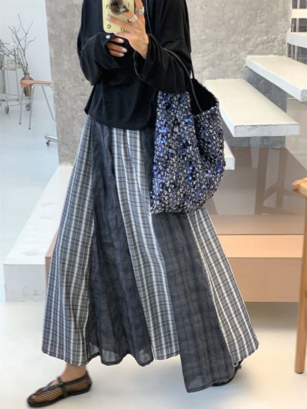 Плюс размер миди пола с patchwork и райета, полиестер, дължина миди, разкроена, ретро ежедневна каре, есен 2025