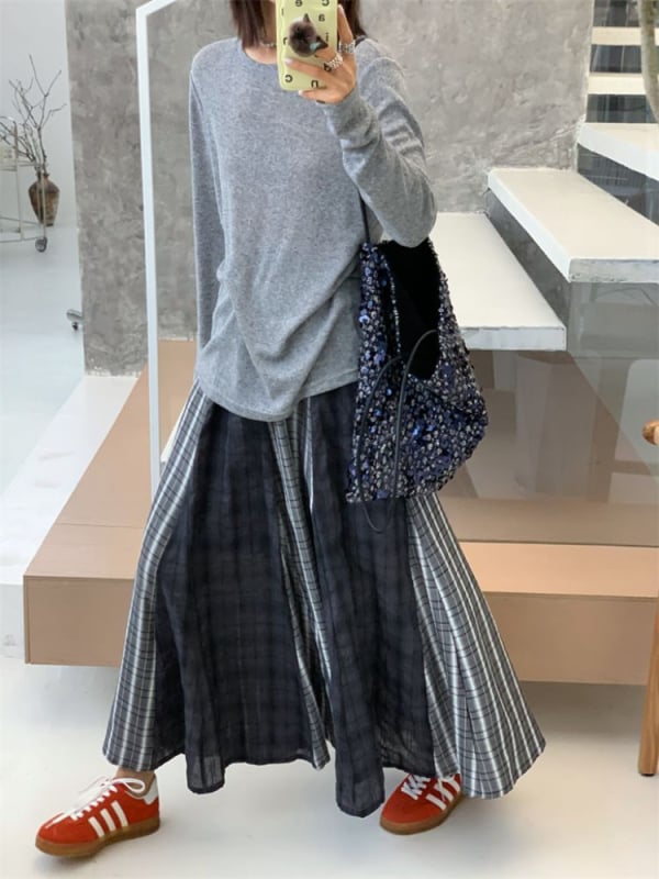 Плюс размер миди пола с patchwork и райета, полиестер, дължина миди, разкроена, ретро ежедневна каре, есен 2025