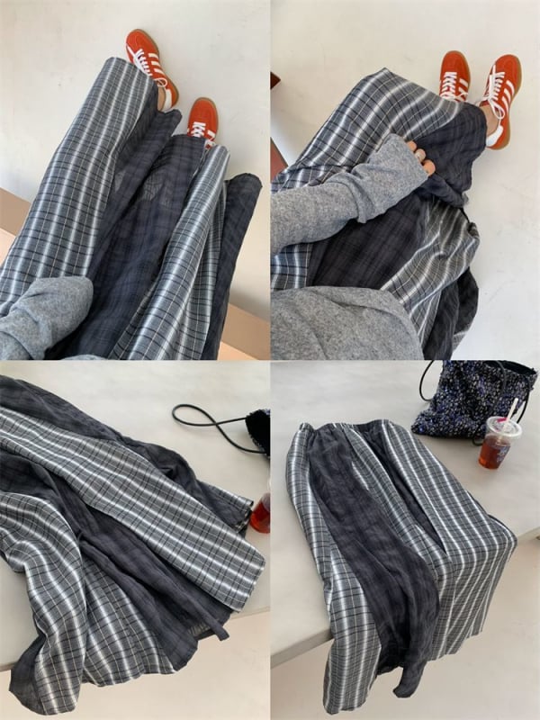 Плюс размер миди пола с patchwork и райета, полиестер, дължина миди, разкроена, ретро ежедневна каре, есен 2025