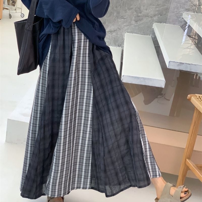 Плюс размер миди пола с patchwork и райета, полиестер, дължина миди, разкроена, ретро ежедневна каре, есен 2025