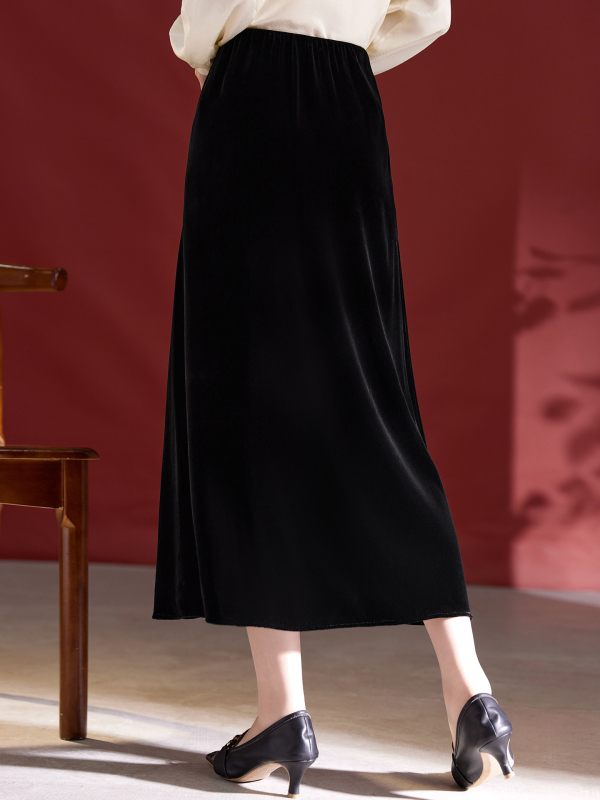Midi suknja od svilenog baršuna, jednobojni uzorak, bez glačanja, srednja duljina, gradski stil