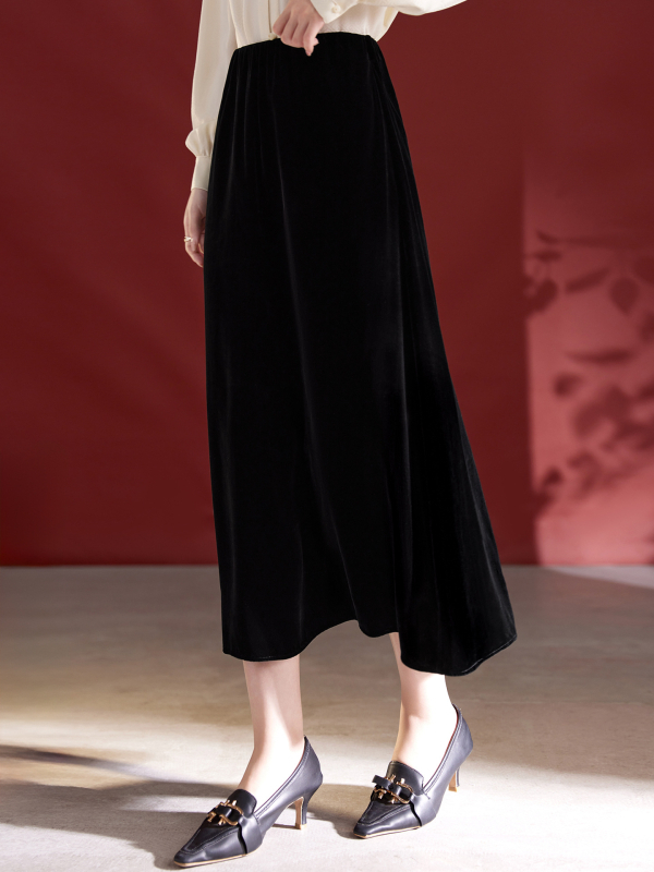 Midi suknja od svilenog baršuna, jednobojni uzorak, bez glačanja, srednja duljina, gradski stil