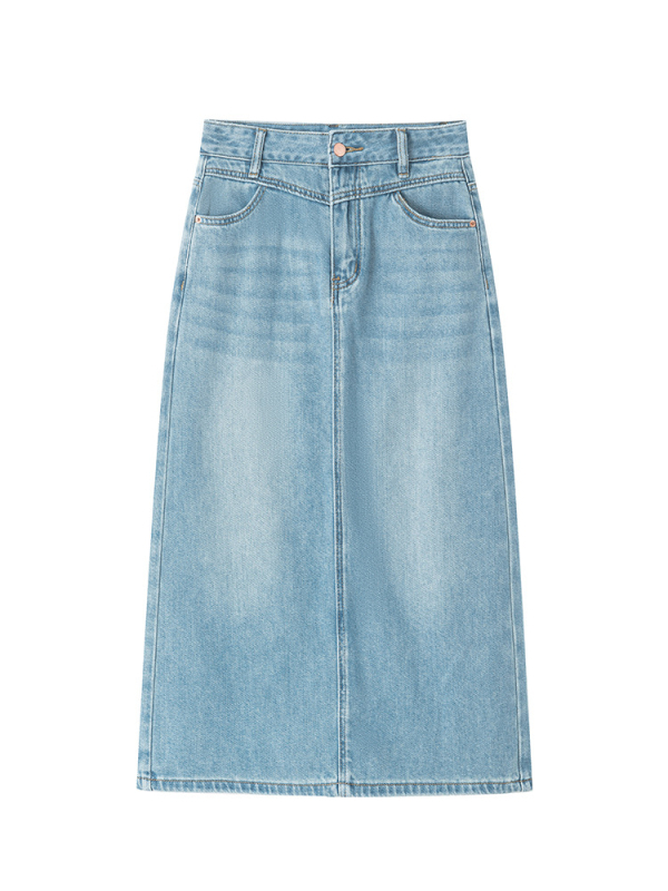 A-linija denimska suknja, visoki pojas, stražnji rez, srednja duljina, pamuk-Lyocell smjesa (70–80% pamuka, Lyocell <30%)