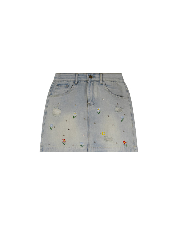 Denim suknja s perlicama i cvjetnim uzorkom, oprani džins, pamuk 50–70% i regenerirana vlakna celuloze <30%
