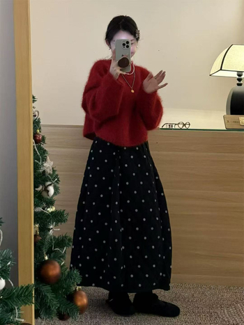 Duga suknja s točkicama, podstavljena, Flower Bud stil, mješavina pamuka, jesensko-zimski casual