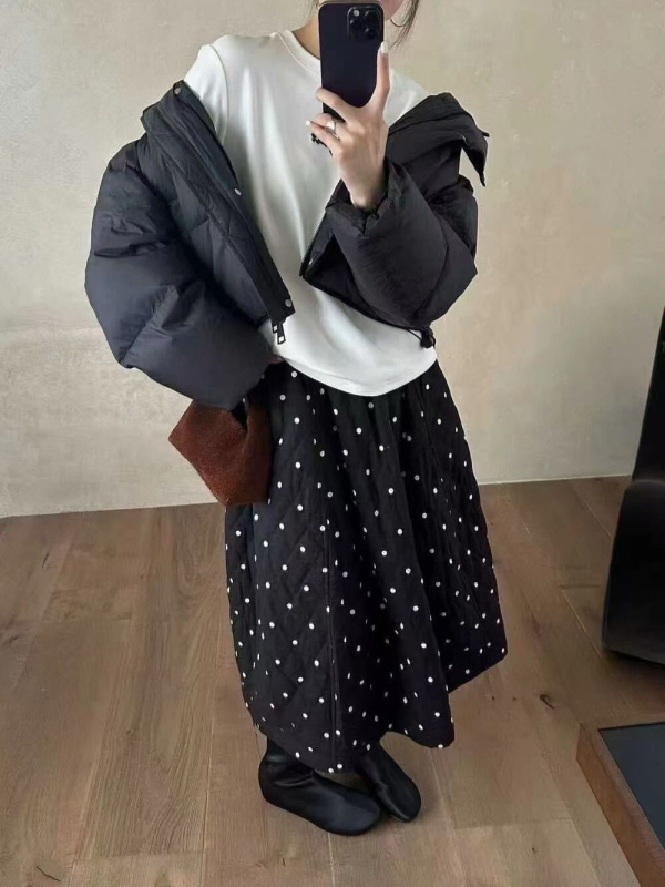 Duga suknja s točkicama, podstavljena, Flower Bud stil, mješavina pamuka, jesensko-zimski casual