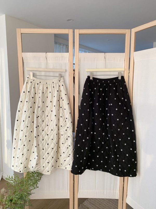 Duga suknja s točkicama, podstavljena, Flower Bud stil, mješavina pamuka, jesensko-zimski casual