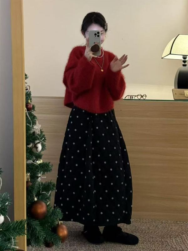 Duga suknja s točkicama, podstavljena, Flower Bud stil, mješavina pamuka, jesensko-zimski casual