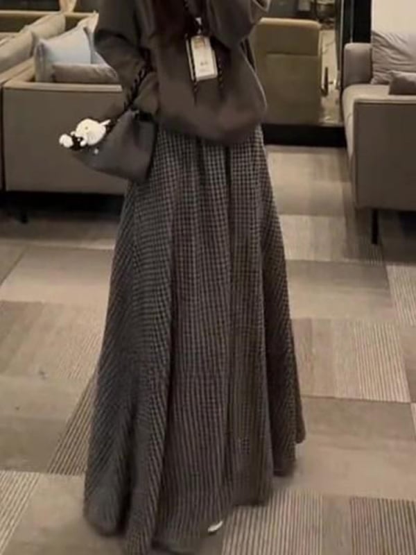 Duga suknja A-linije, s mrežastim uzorkom, poliester, blaga rastezljivost, elegantan poslovni stil