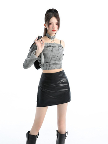 PU kožna kratka suknja za žene – tip A, jednobojna, poliester 70-80%, jesen-zima 2025, elegantan poslovni stil