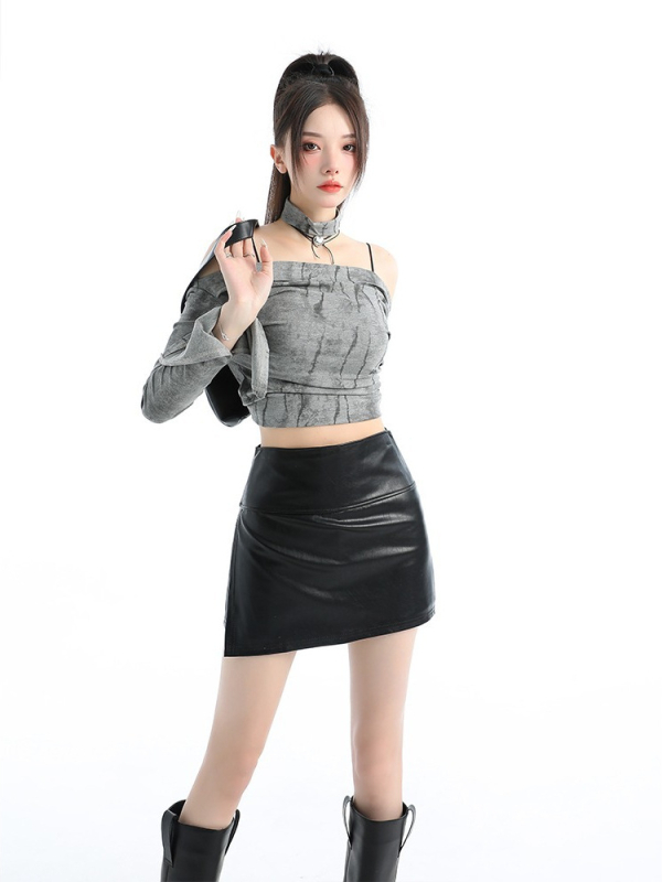 PU kožna kratka suknja za žene – tip A, jednobojna, poliester 70-80%, jesen-zima 2025, elegantan poslovni stil