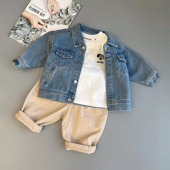 Παιδικό κέντημένο τζιν μπουφάν, βαμβακερό ύφασμα, casual στιλ, 75% βαμβάκι, χωρίς κουκούλα, για παιδιά 1–3 ετών, Φθινοπωρινό 2024