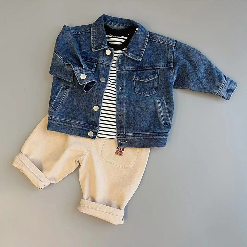 Παιδικό κέντημένο τζιν μπουφάν, βαμβακερό ύφασμα, casual στιλ, 75% βαμβάκι, χωρίς κουκούλα, για παιδιά 1–3 ετών, Φθινοπωρινό 2024