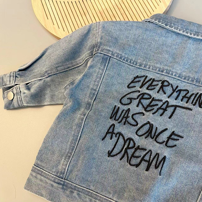 Παιδικό κέντημένο τζιν μπουφάν, βαμβακερό ύφασμα, casual στιλ, 75% βαμβάκι, χωρίς κουκούλα, για παιδιά 1–3 ετών, Φθινοπωρινό 2024