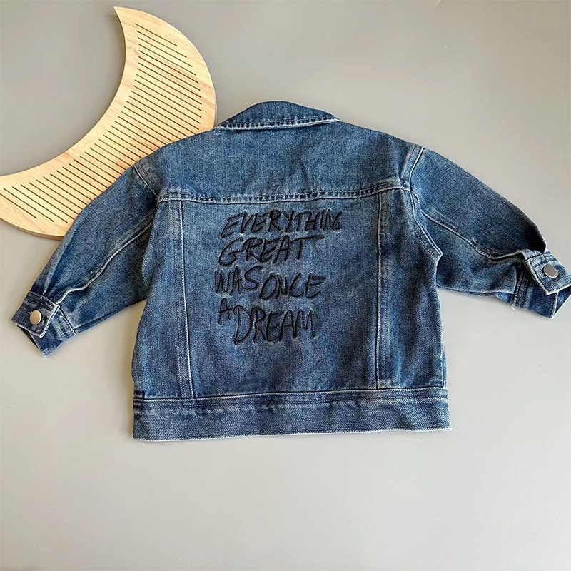 Παιδικό κέντημένο τζιν μπουφάν, βαμβακερό ύφασμα, casual στιλ, 75% βαμβάκι, χωρίς κουκούλα, για παιδιά 1–3 ετών, Φθινοπωρινό 2024