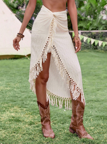 Jacquard poliester suknja s elastanom, srednja duljina, nepravilni kroj, odmarališni stil, proljeće 2025