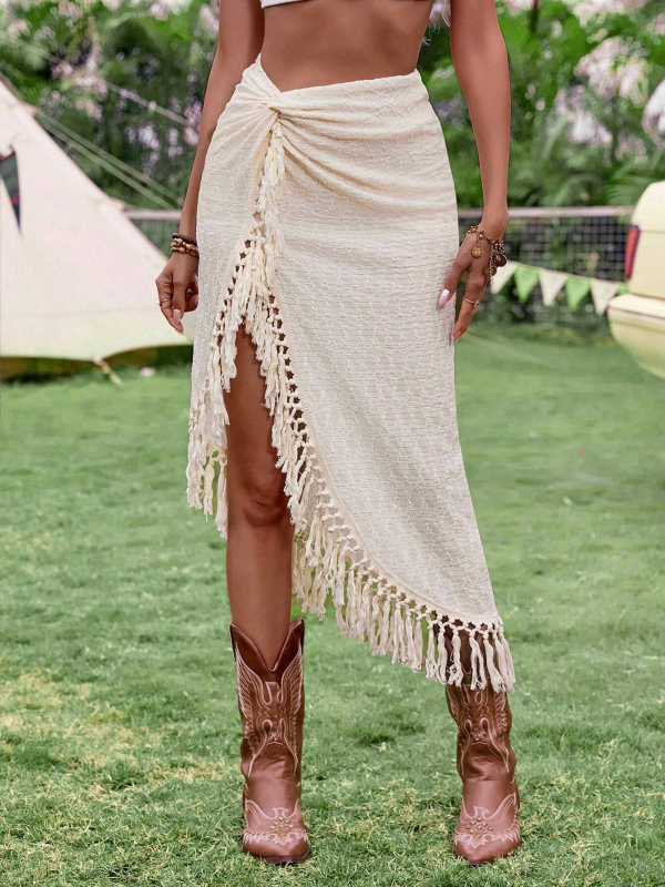 Jacquard poliester suknja s elastanom, srednja duljina, nepravilni kroj, odmarališni stil, proljeće 2025