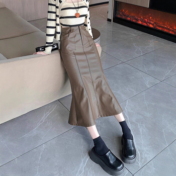 Duga PU kožna suknja s repom ribe, visokim strukom, rub s listom lotosa, jesen 2025