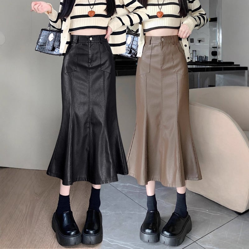 Duga PU kožna suknja s repom ribe, visokim strukom, rub s listom lotosa, jesen 2025