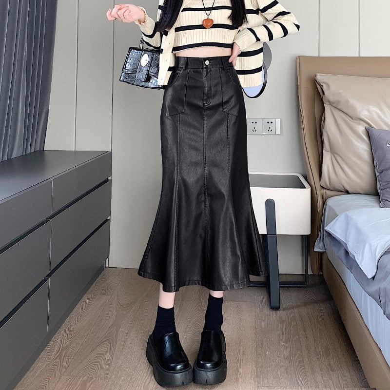 Duga PU kožna suknja s repom ribe, visokim strukom, rub s listom lotosa, jesen 2025