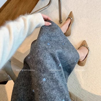Ženska vunena suknja A-linije, midi duljine, srcolni vez, japansko-korejski stil