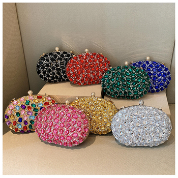 Diamantom ukrašena večernja clutch torba, akrilno tijelo, ovalni oblik, zatvarač, džep za telefon