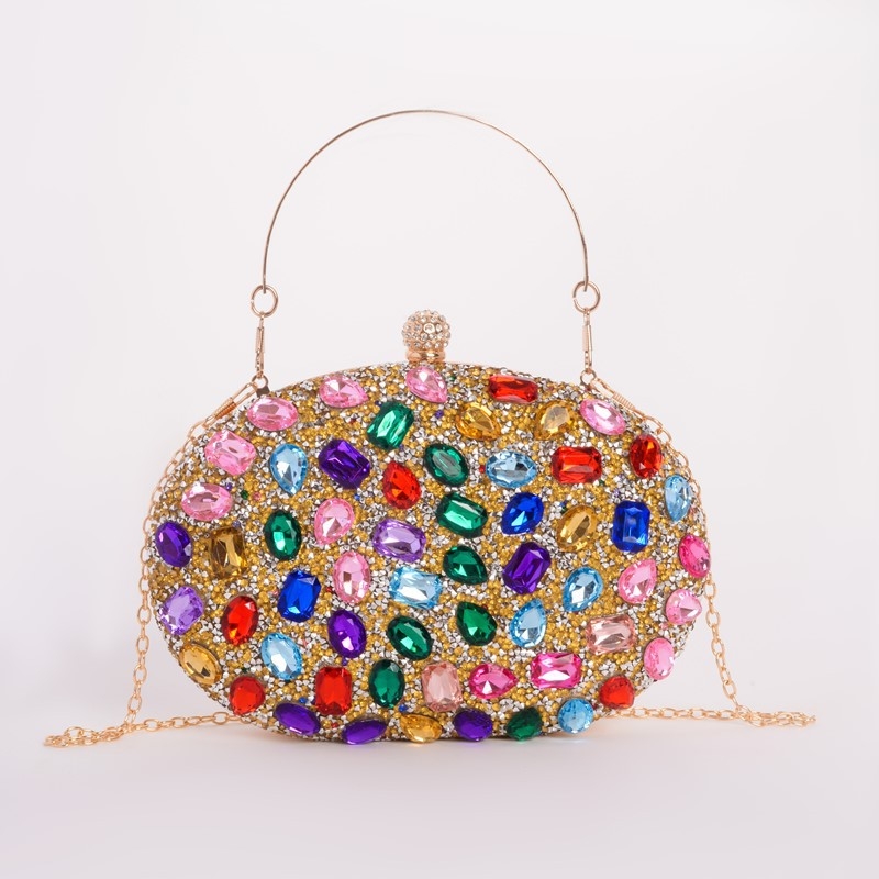 Diamantom ukrašena večernja clutch torba, akrilno tijelo, ovalni oblik, zatvarač, džep za telefon