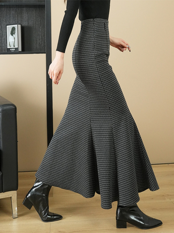 Houndstooth fishtail midi suknja, duga, od rimskog pamuka, pamuk-nylon smjesa, jesen 2024