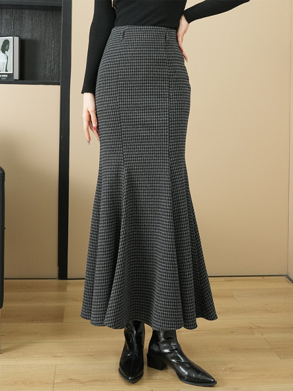 Houndstooth fishtail midi suknja, duga, od rimskog pamuka, pamuk-nylon smjesa, jesen 2024