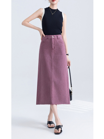 Traper midi suknja sa stražnjim prorezom, oprana, neravni rub, francuski retro stil
